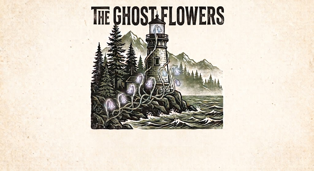 The Ghost Flowers logo: a lighthouse covered in glowing white ghost flowers on a rocky coast
